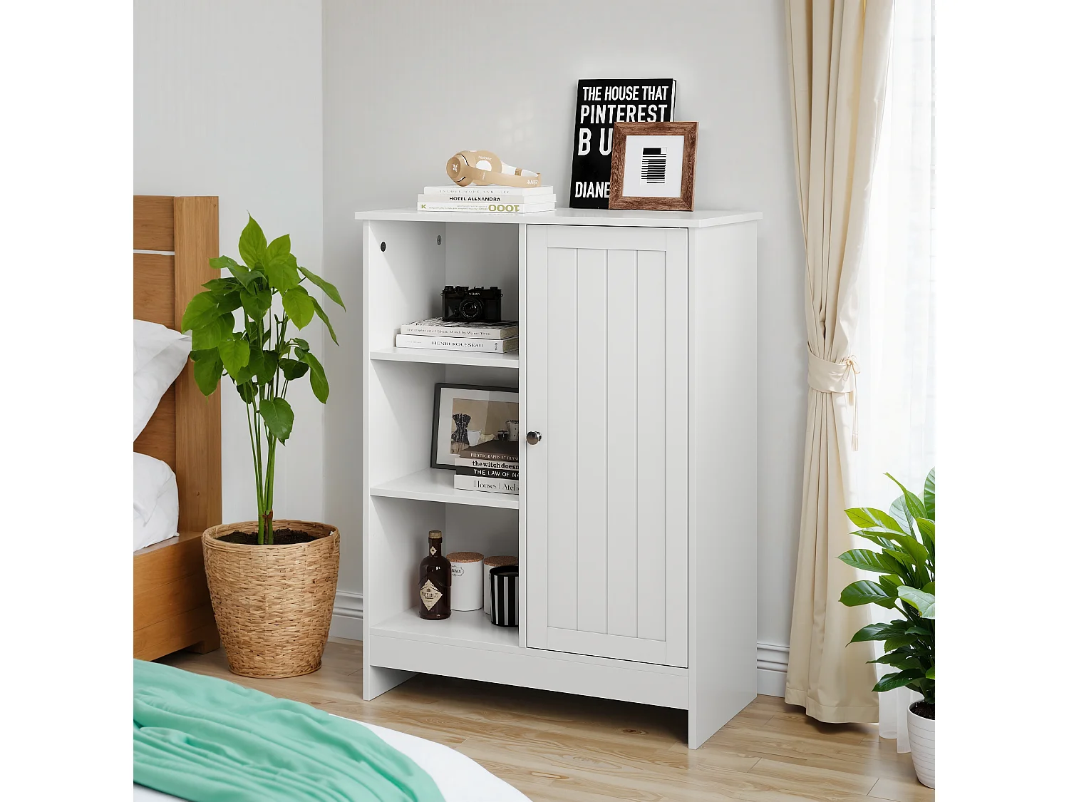 Meuble de rangement pour salle de bain, avec 2 tiroirs rabattables, 1 étagère fermée, 3 étagères ouvertes, blanc (60x24x80 cm)