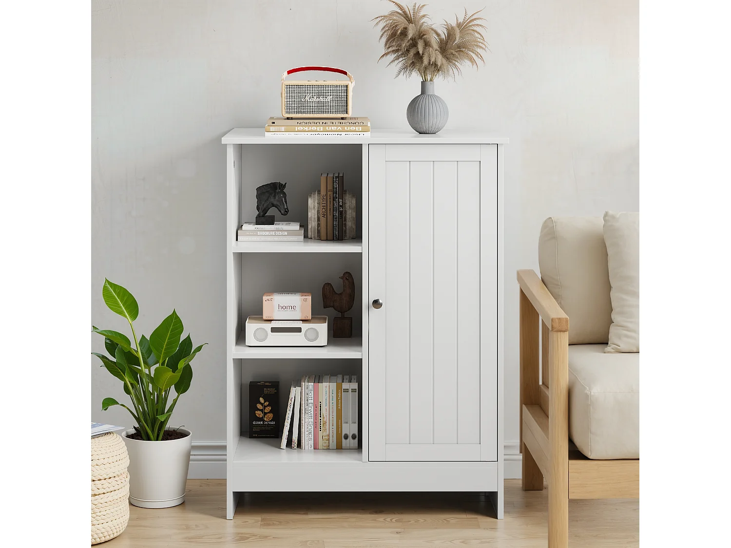 Meuble de rangement pour salle de bain, avec 2 tiroirs rabattables, 1 étagère fermée, 3 étagères ouvertes, blanc (60x24x80 cm)