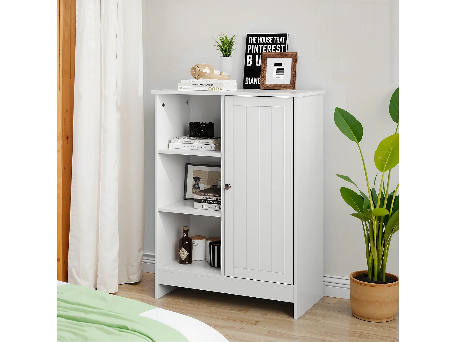 Meuble de rangement pour salle de bain, avec 2 tiroirs rabattables, 1 étagère fermée, 3 étagères ouvertes, blanc (60x24x80 cm)