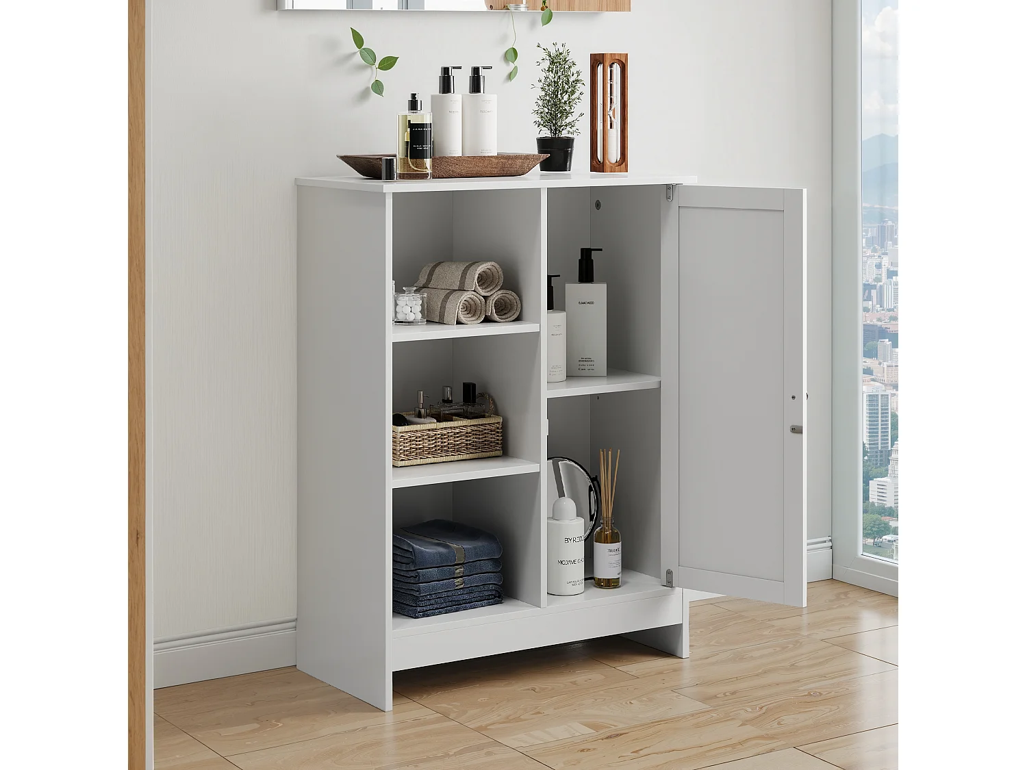 Meuble de rangement pour salle de bain, avec 2 tiroirs rabattables, 1 étagère fermée, 3 étagères ouvertes, blanc (60x24x80 cm)