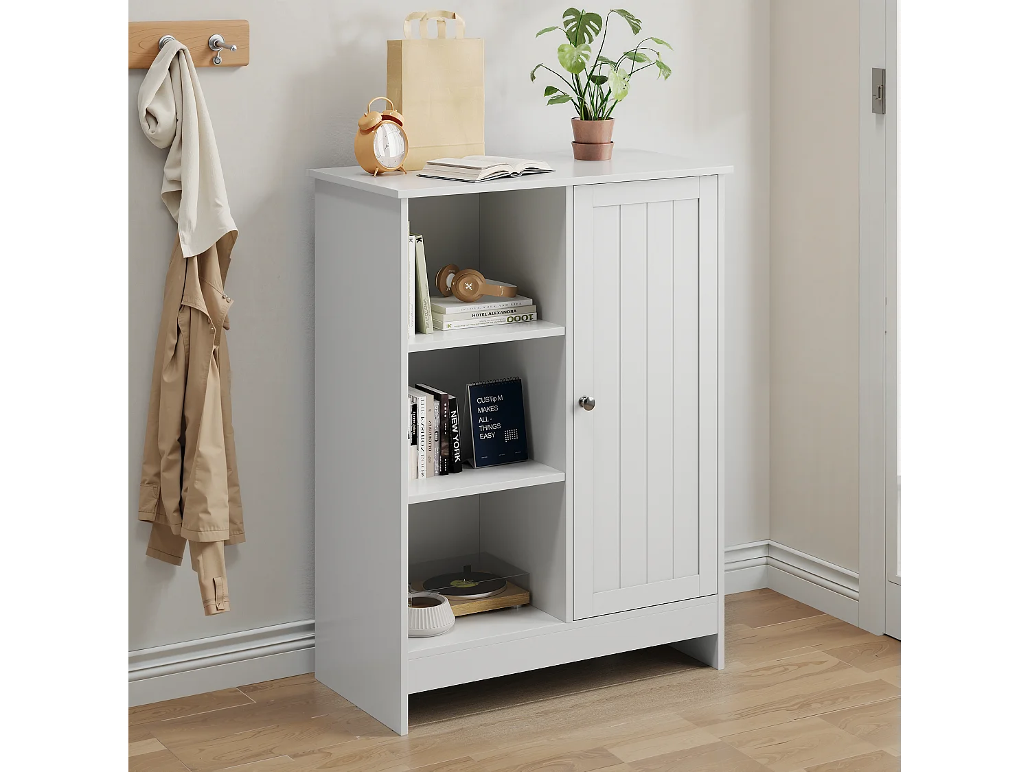 Meuble de rangement pour salle de bain, avec 2 tiroirs rabattables, 1 étagère fermée, 3 étagères ouvertes, blanc (60x24x80 cm)