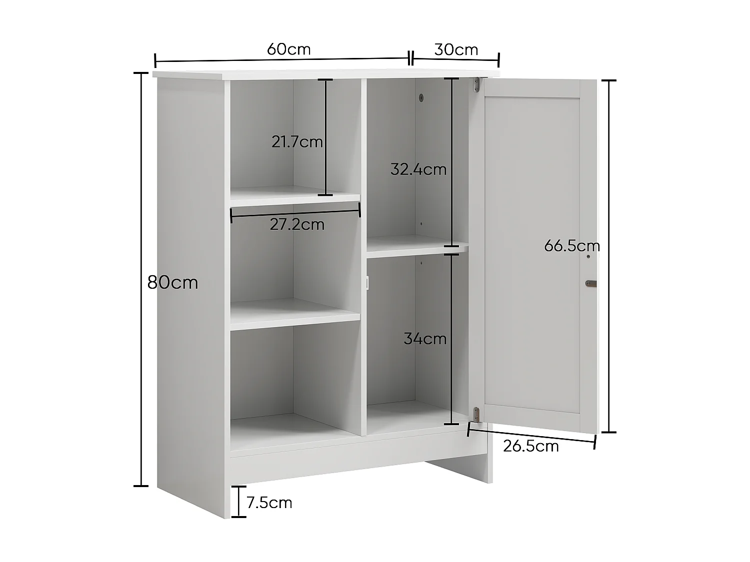 Meuble de rangement pour salle de bain, avec 2 tiroirs rabattables, 1 étagère fermée, 3 étagères ouvertes, blanc (60x24x80 cm)