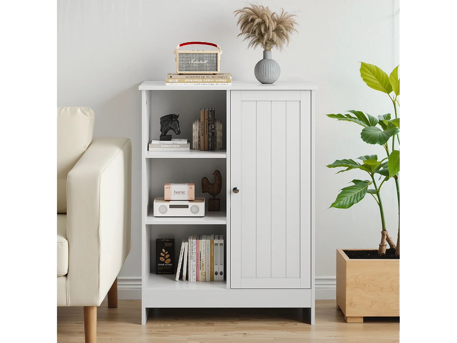 Meuble de rangement pour salle de bain, avec 2 tiroirs rabattables, 1 étagère fermée, 3 étagères ouvertes, blanc (60x24x80 cm)