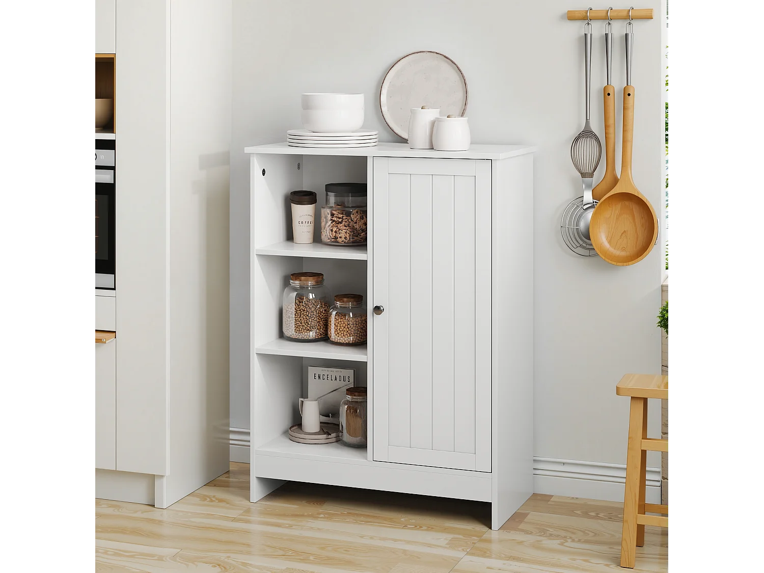 Meuble de rangement pour salle de bain, avec 2 tiroirs rabattables, 1 étagère fermée, 3 étagères ouvertes, blanc (60x24x80 cm)