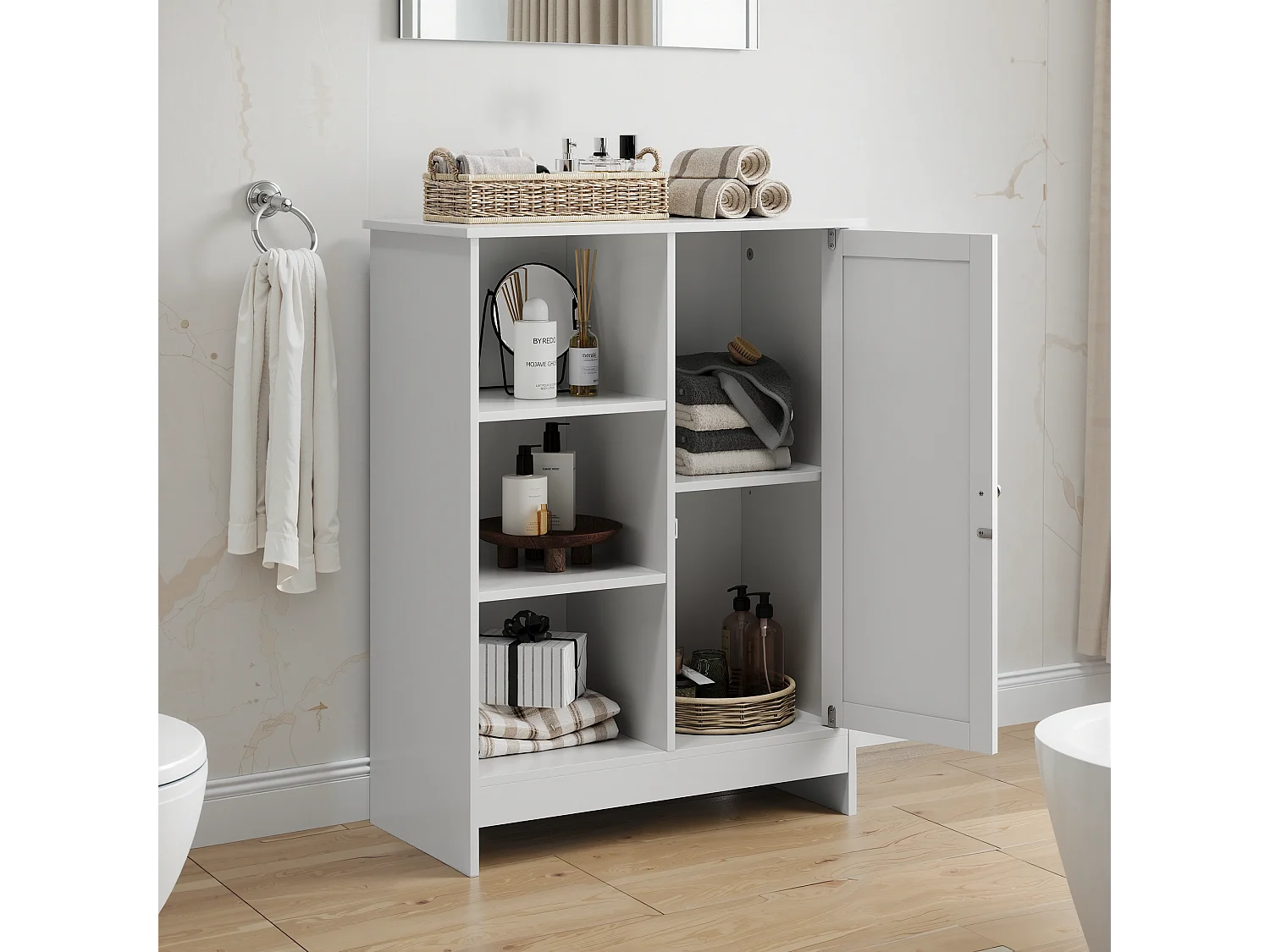 Meuble de rangement pour salle de bain, avec 2 tiroirs rabattables, 1 étagère fermée, 3 étagères ouvertes, blanc (60x24x80 cm)