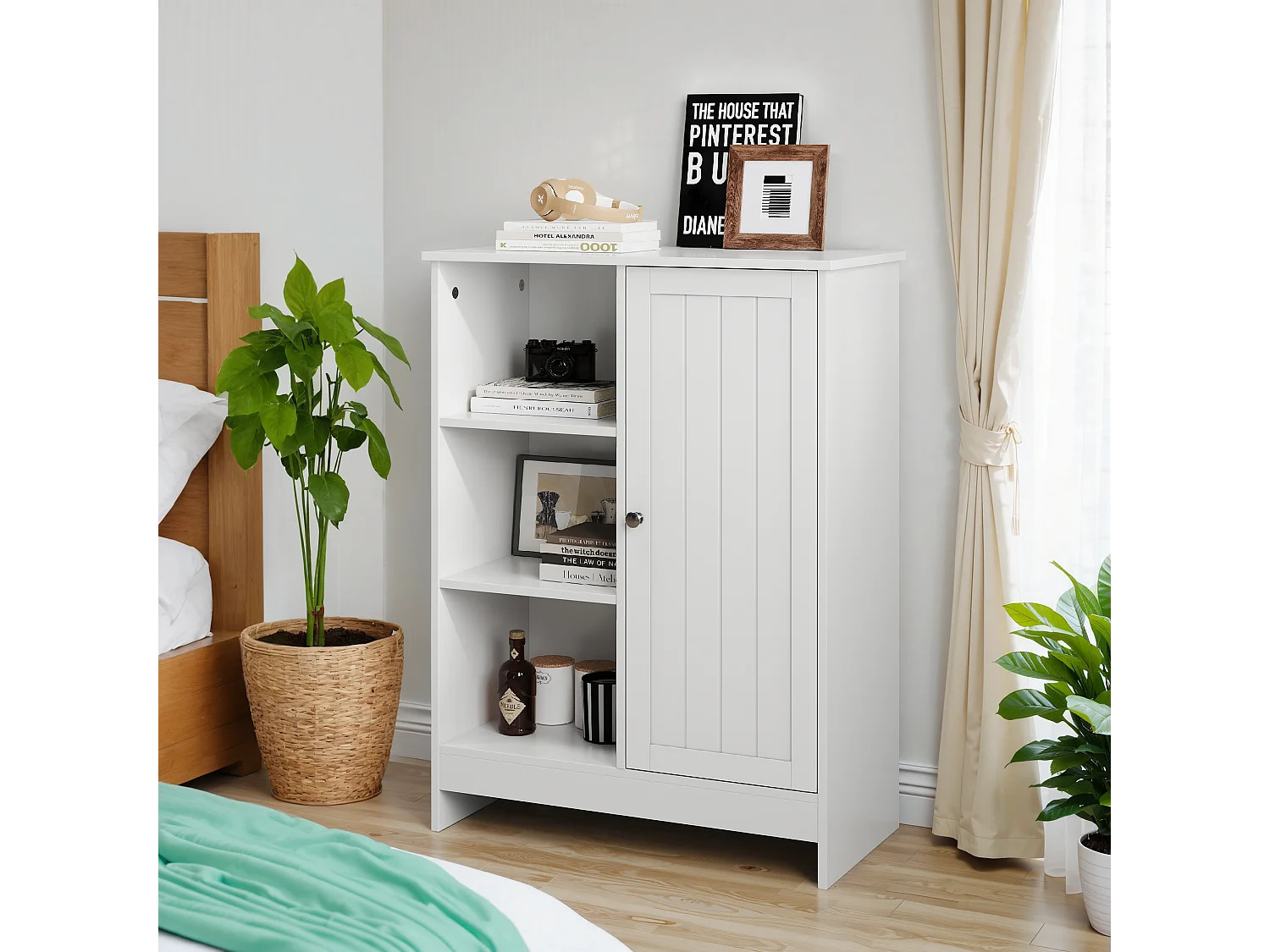 Meuble de rangement pour salle de bain, avec 2 tiroirs rabattables, 1 étagère fermée, 3 étagères ouvertes, blanc (60x24x80 cm)