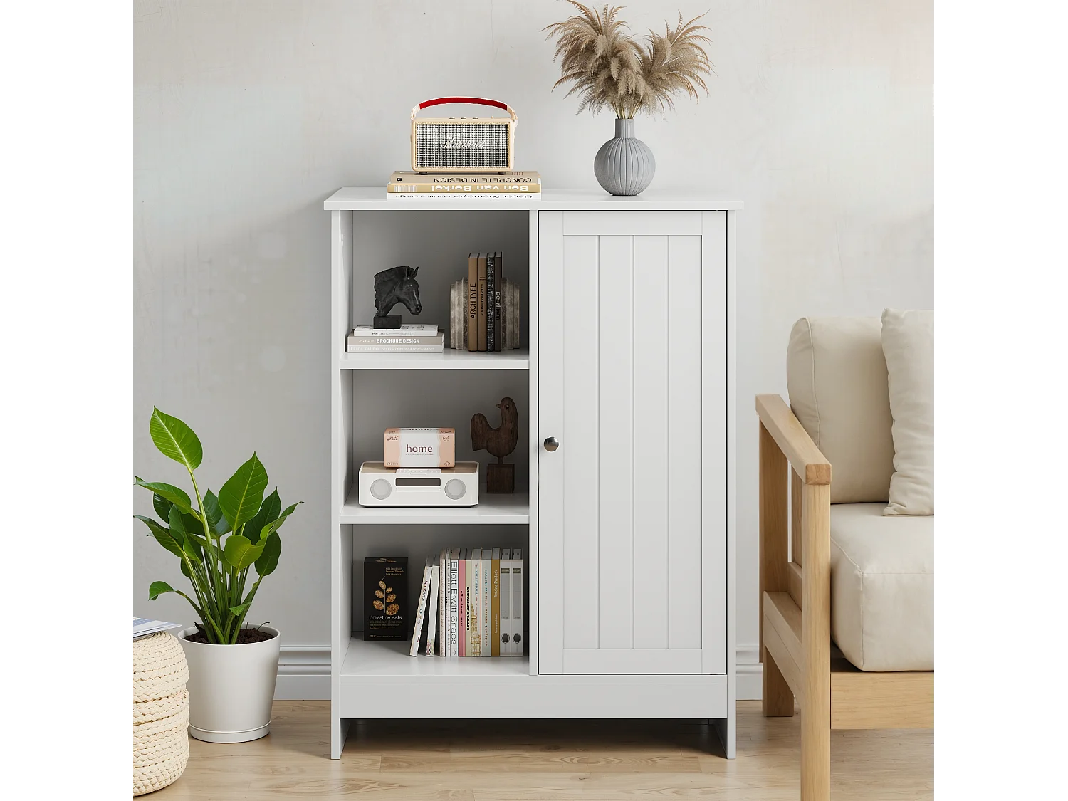 Meuble de rangement pour salle de bain, avec 2 tiroirs rabattables, 1 étagère fermée, 3 étagères ouvertes, blanc (60x24x80 cm)