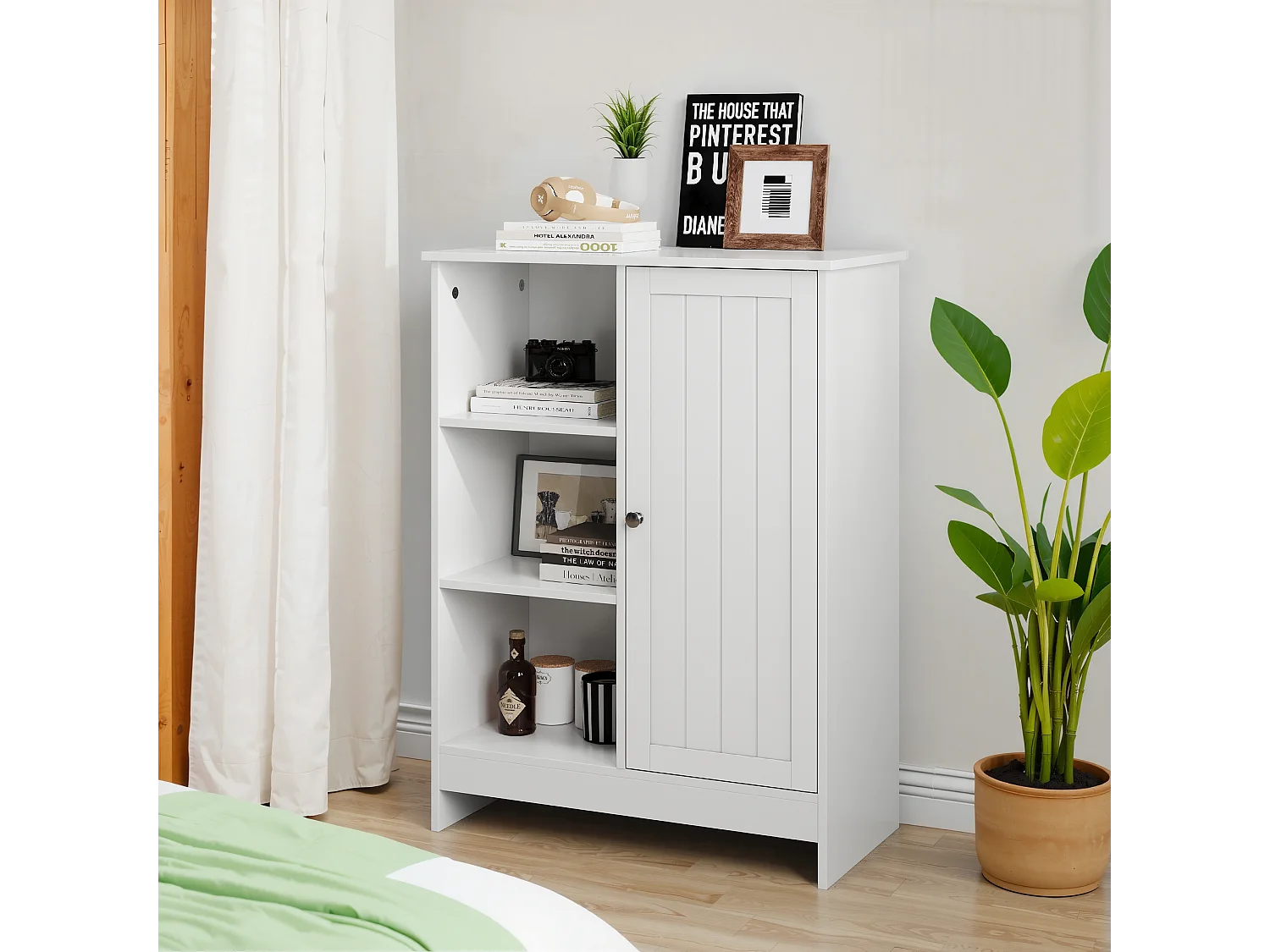 Meuble de rangement pour salle de bain, avec 2 tiroirs rabattables, 1 étagère fermée, 3 étagères ouvertes, blanc (60x24x80 cm)