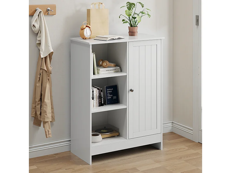 Meuble de rangement pour salle de bain, avec 2 tiroirs rabattables, 1 étagère fermée, 3 étagères ouvertes, blanc (60x24x80 cm)