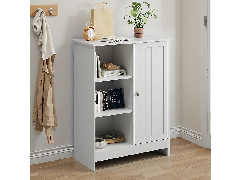 Meuble de rangement pour salle de bain, avec 2 tiroirs rabattables, 1 étagère fermée, 3 étagères ouvertes, blanc (60x24x80 cm)