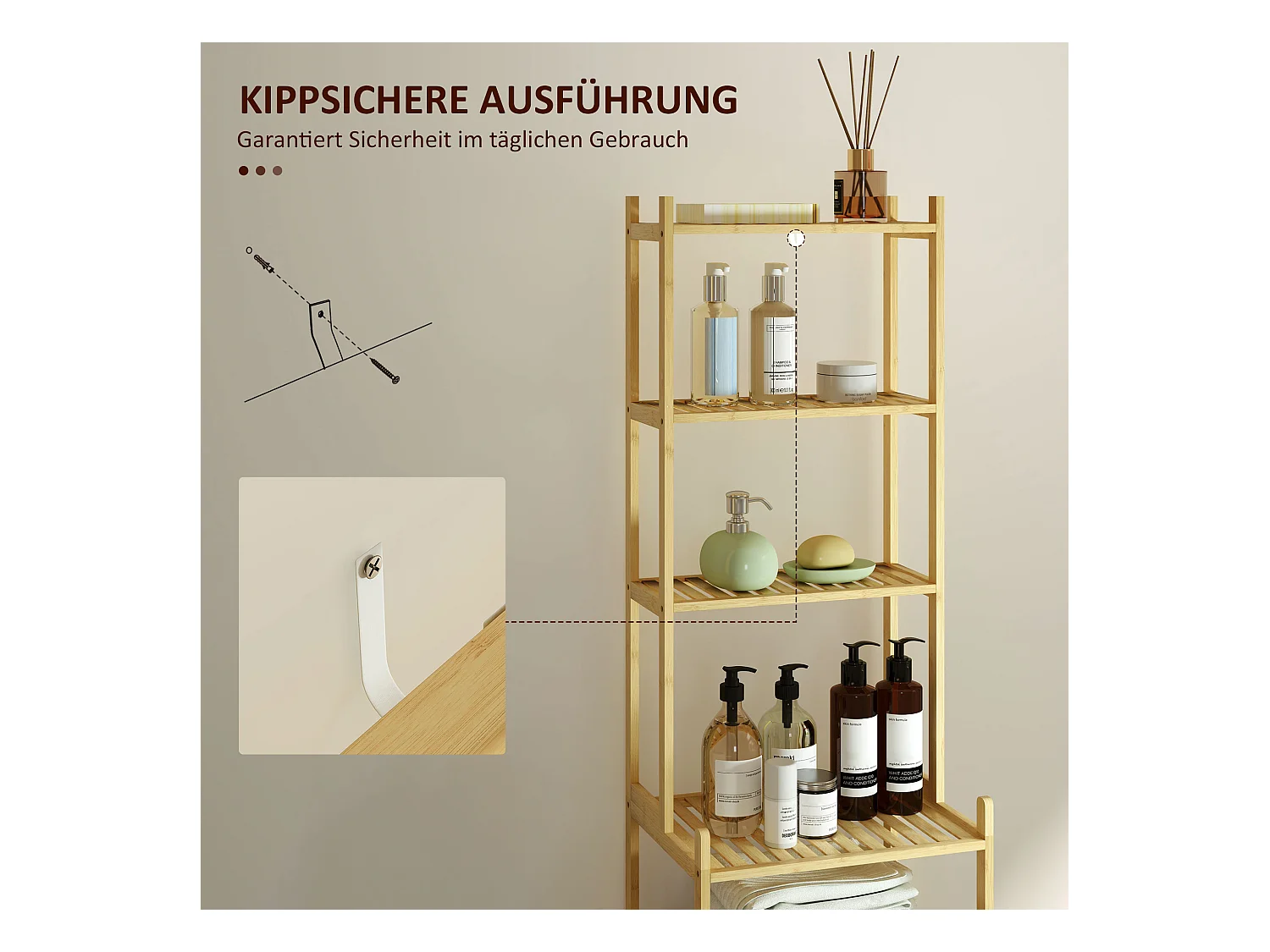 Étagère de salle de bain, avec 7 niveaux, bambou, naturel (44x33x180 cm)