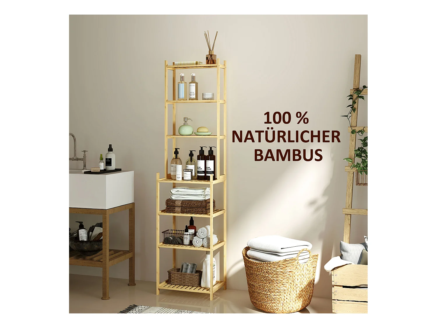 Étagère de salle de bain, avec 7 niveaux, bambou, naturel (44x33x180 cm)