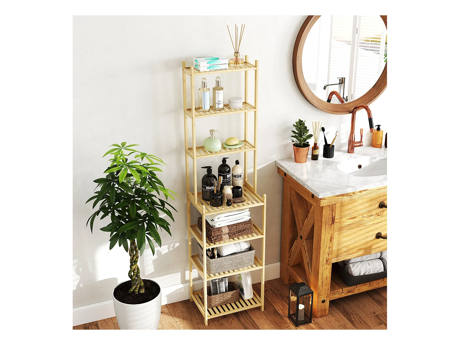Étagère de salle de bain, avec 7 niveaux, bambou, naturel (44x33x180 cm)