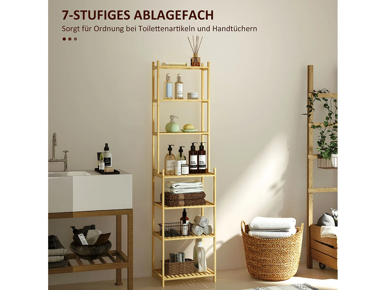 Étagère de salle de bain, avec 7 niveaux, bambou, naturel (44x33x180 cm)