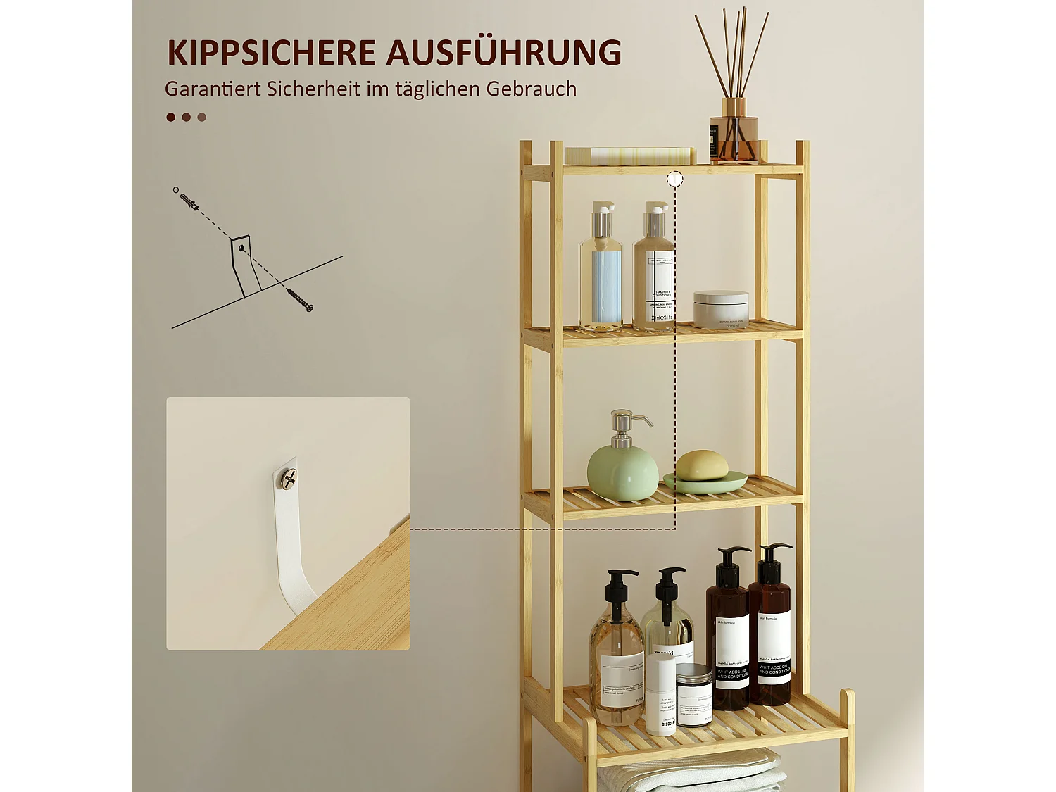 Étagère de salle de bain, avec 7 niveaux, bambou, naturel (44x33x180 cm)