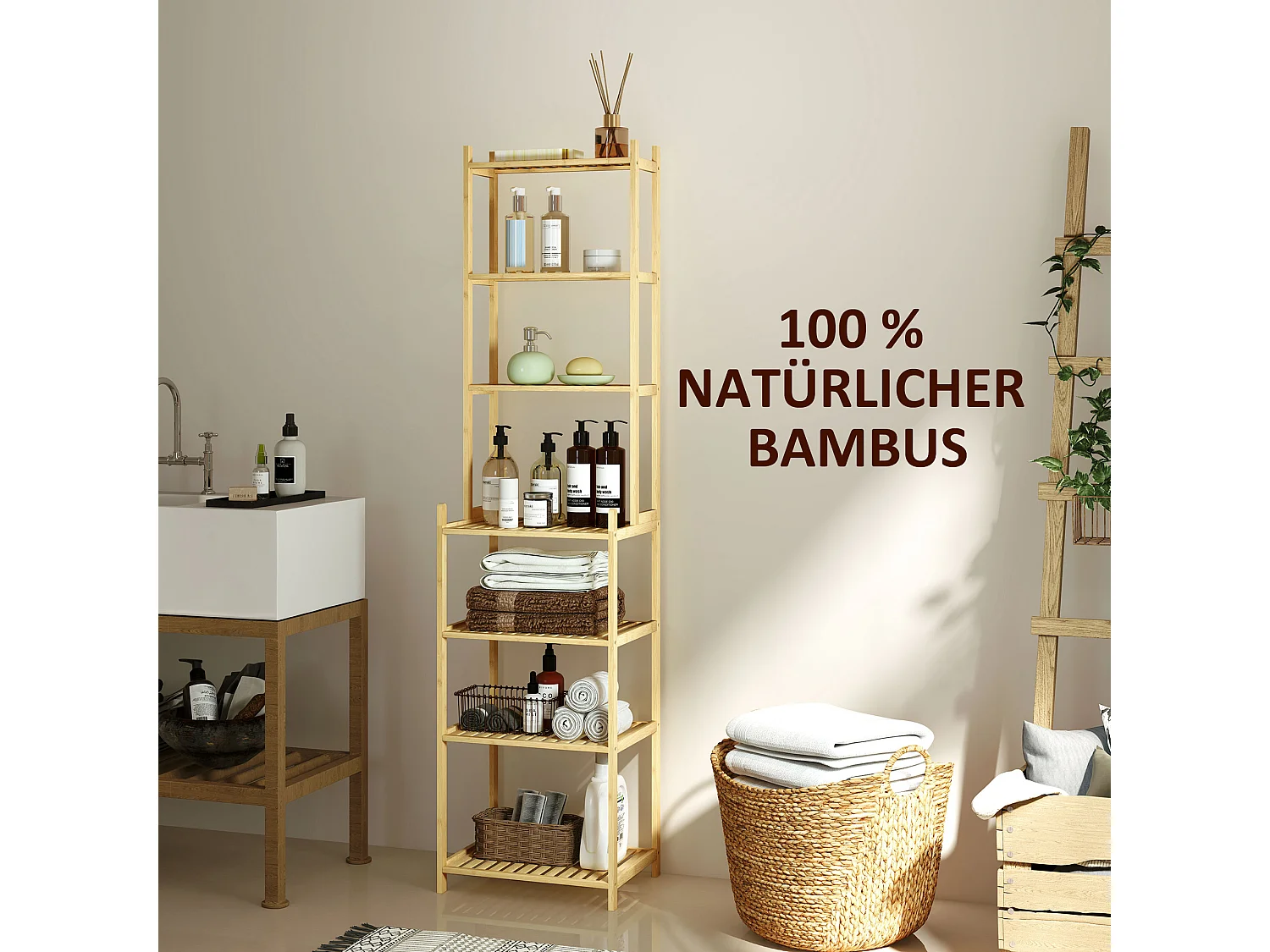 Étagère de salle de bain, avec 7 niveaux, bambou, naturel (44x33x180 cm)