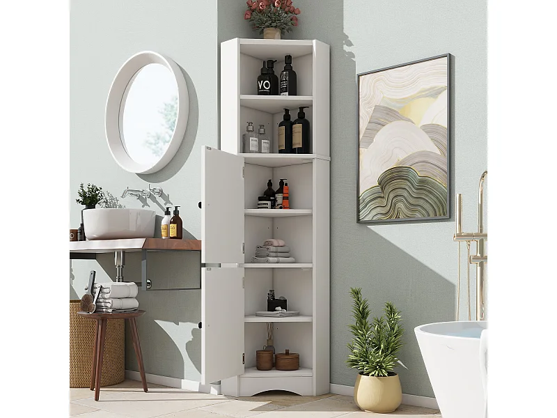 Driehoekige badkamerkast, vochtbestendige verf, verstelbare planken, 2 deuren, wit (51,7 x 32 x 155,4 cm)