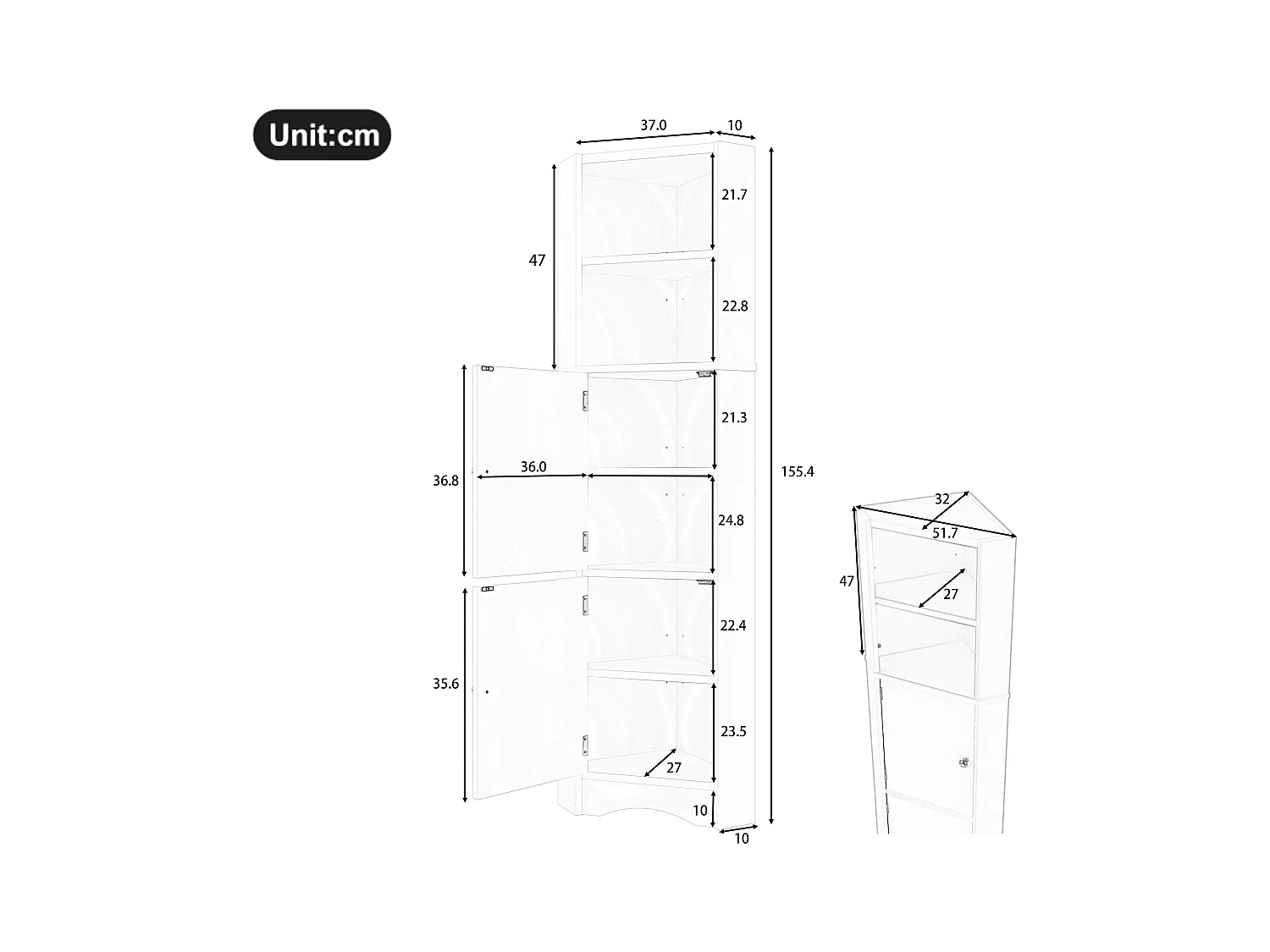 Driehoekige badkamerkast, vochtbestendige verf, verstelbare planken, 2 deuren, wit (51,7 x 32 x 155,4 cm)