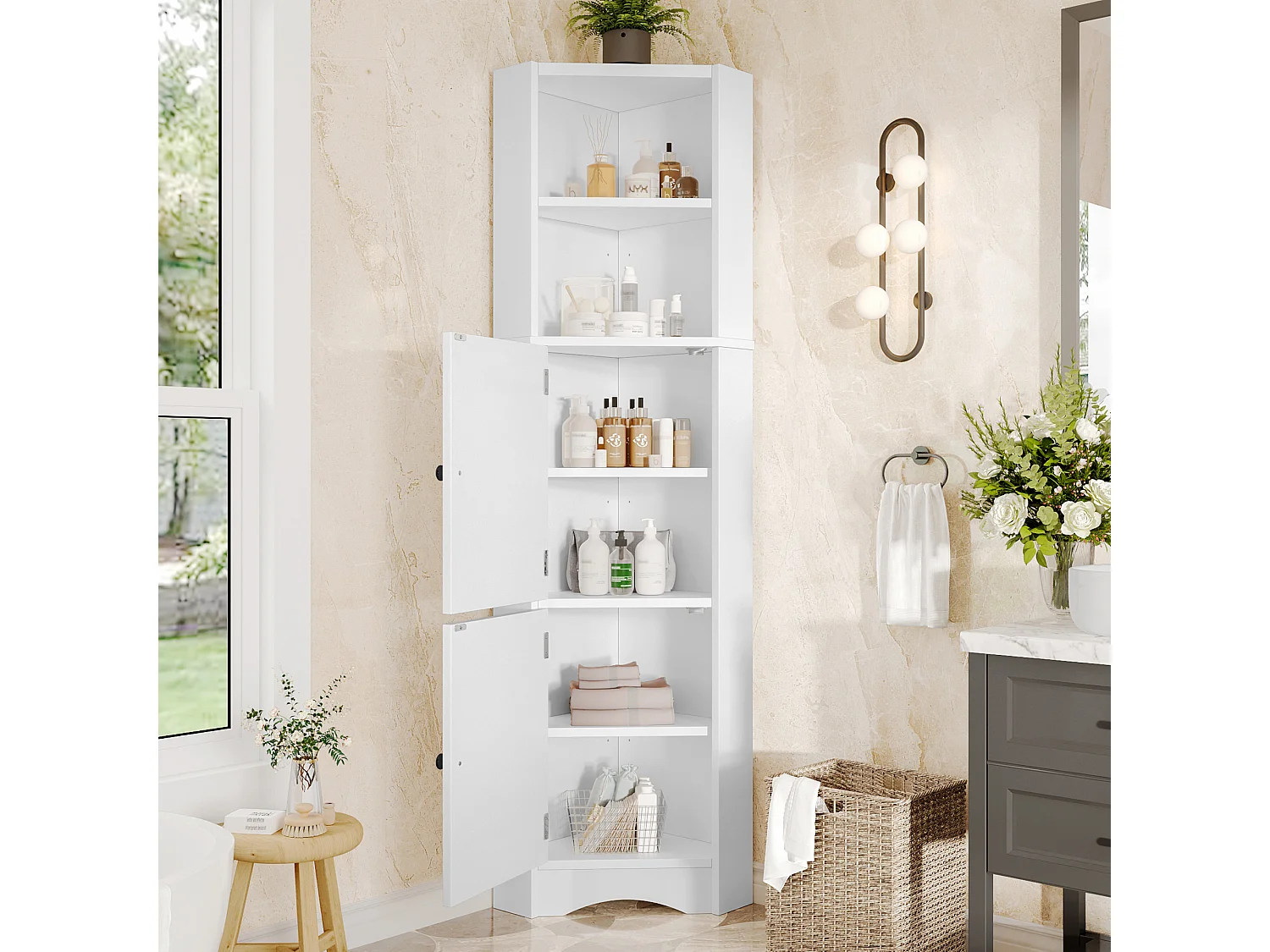 Armoire de salle de bain triangulaire, peinture résistante à l'humidité, étagères ajustables, 2 portes, blanc, (51.7x32x155.4 cm)