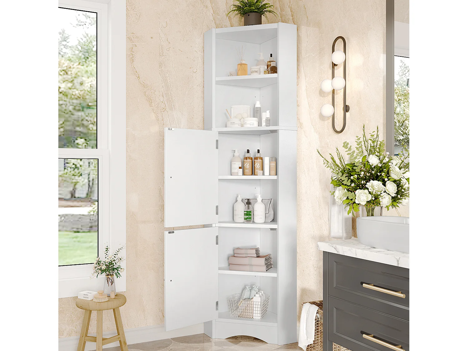 Armoire de salle de bain triangulaire, peinture résistante à l'humidité, étagères ajustables, 2 portes, blanc, (51.7x32x155.4 cm)