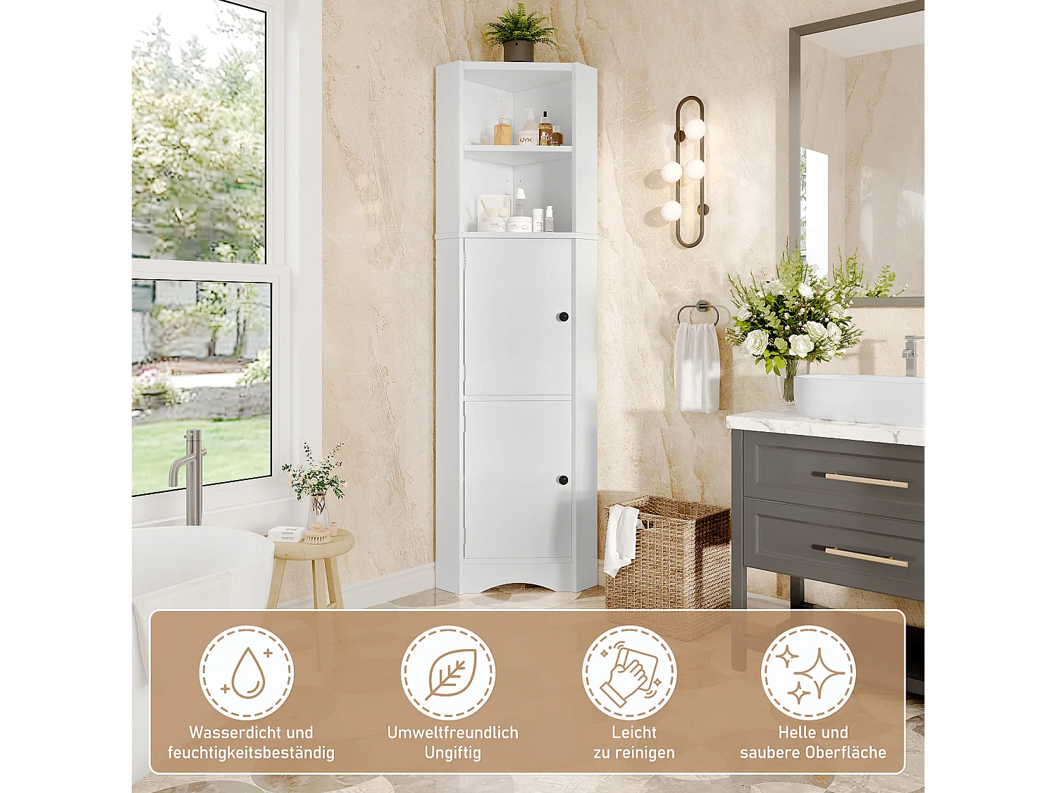 Armoire de salle de bain triangulaire, peinture résistante à l'humidité, étagères ajustables, 2 portes, blanc, (51.7x32x155.4 cm)