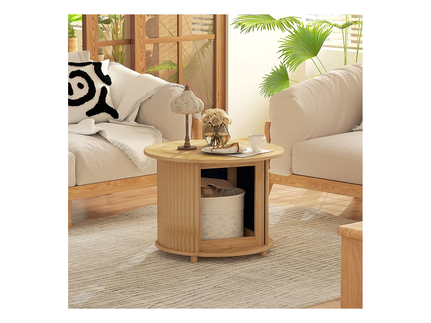 Table basse ronde en bambou, avec rangement caché et porte coulissante, design moderne, naturel (Ø60x45 cm)