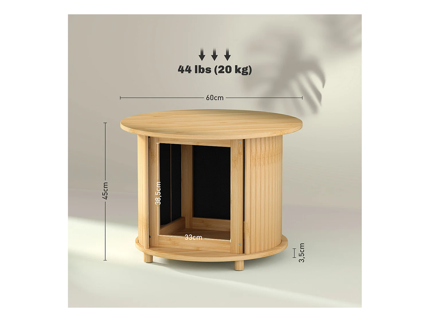 Table basse ronde en bambou, avec rangement caché et porte coulissante, design moderne, naturel (Ø60x45 cm)