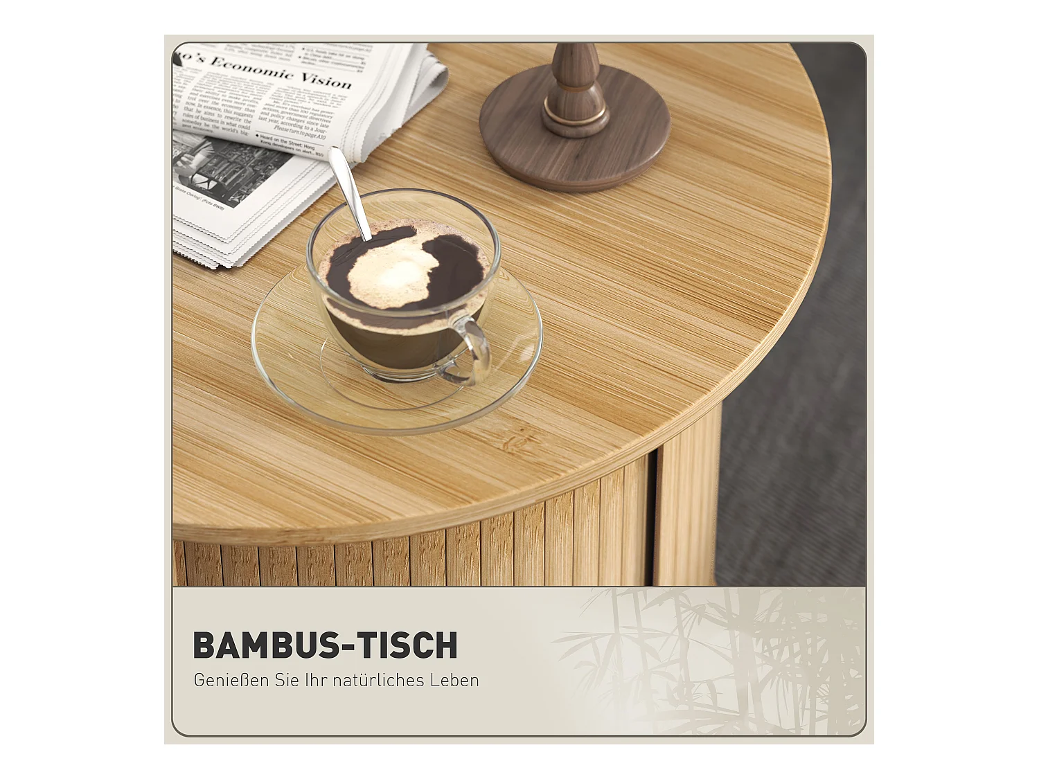 Table basse ronde en bambou, avec rangement caché et porte coulissante, design moderne, naturel (Ø60x45 cm)