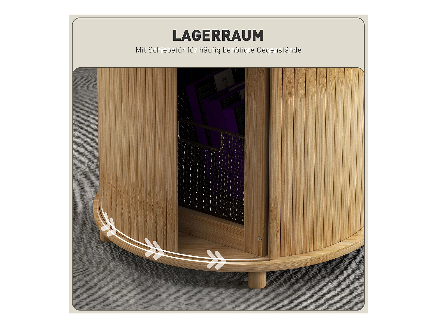 Table basse ronde en bambou, avec rangement caché et porte coulissante, design moderne, naturel (Ø60x45 cm)