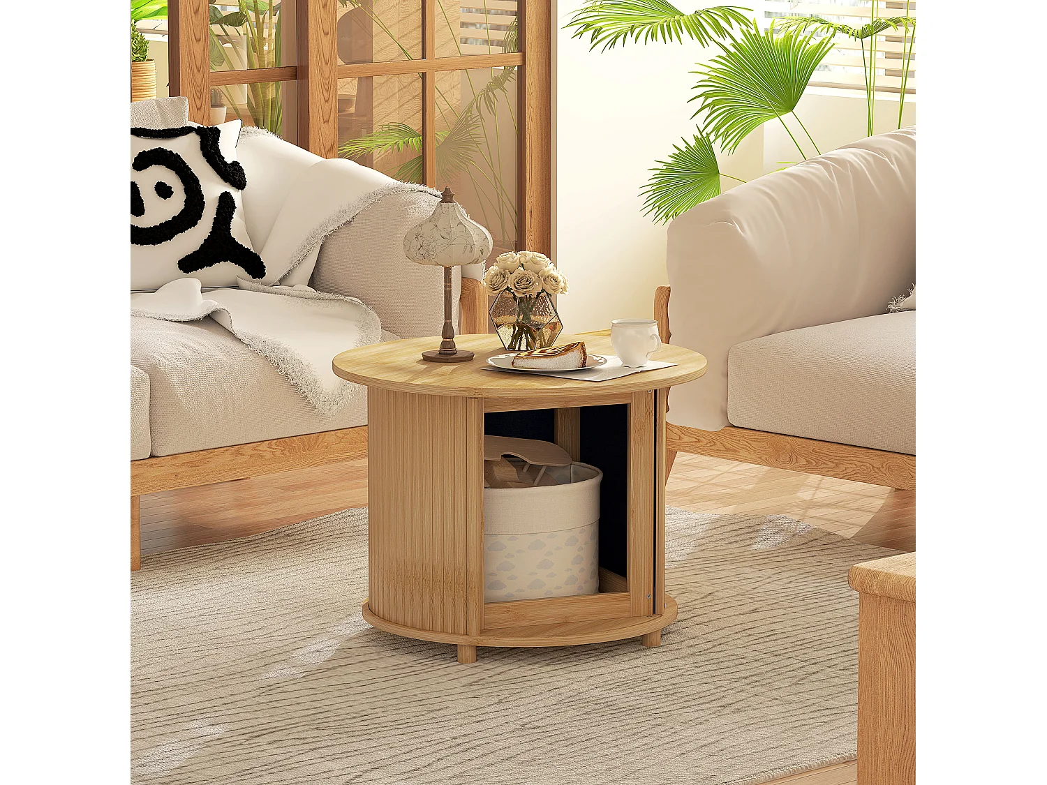 Table basse ronde en bambou, avec rangement caché et porte coulissante, design moderne, naturel (Ø60x45 cm)