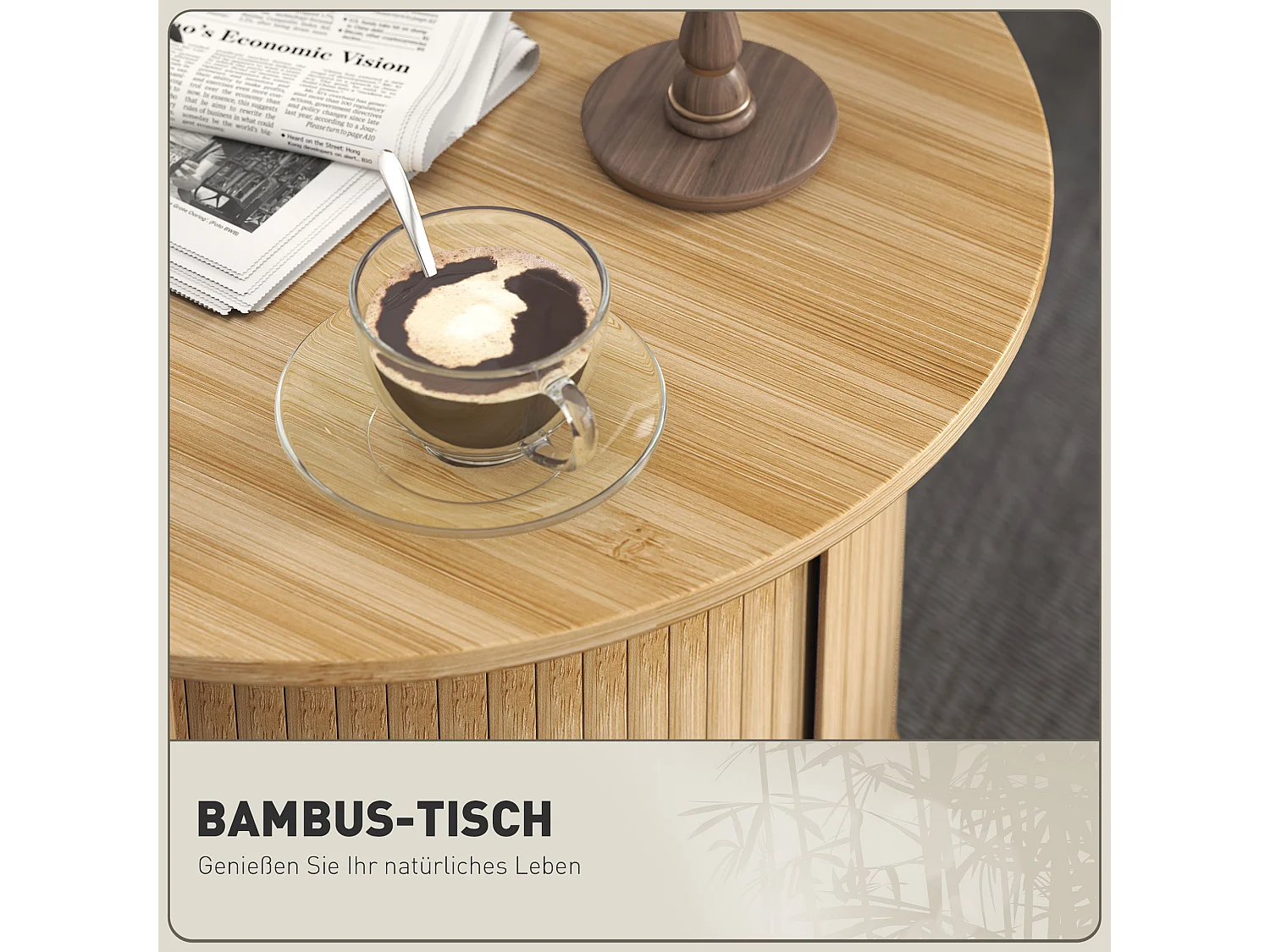 Table basse ronde en bambou, avec rangement caché et porte coulissante, design moderne, naturel (Ø60x45 cm)