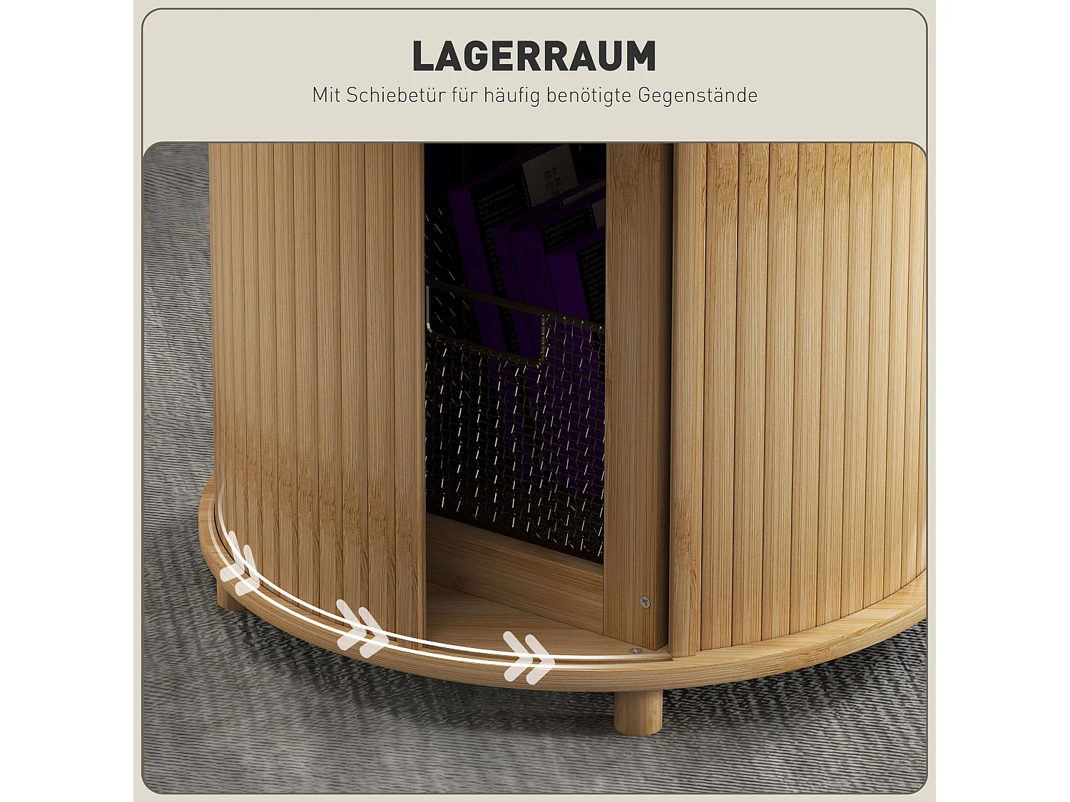 Table basse ronde en bambou, avec rangement caché et porte coulissante, design moderne, naturel (Ø60x45 cm)