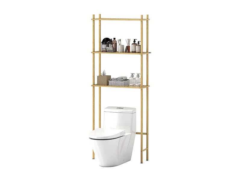 Toiletplank met 3 niveaus en kantelbeveiliging, natuurlijk bamboe, zwart (69 x 25,5 x 181 cm)