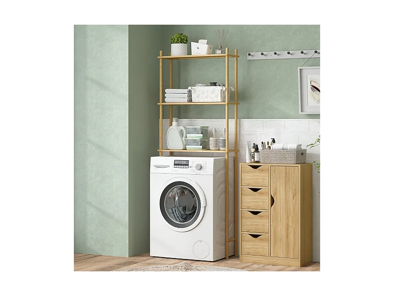 Étagère de toilette 3 niveaux avec protection anti-basculement, bambou naturel, noir (69x25.5x181 cm)