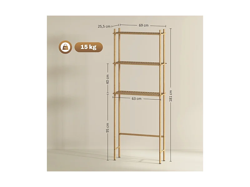 Étagère de toilette 3 niveaux avec protection anti-basculement, bambou naturel, noir (69x25.5x181 cm)