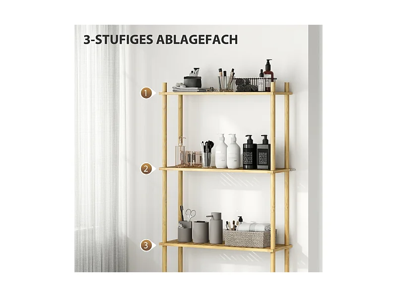 Étagère de toilette 3 niveaux avec protection anti-basculement, bambou naturel, noir (69x25.5x181 cm)