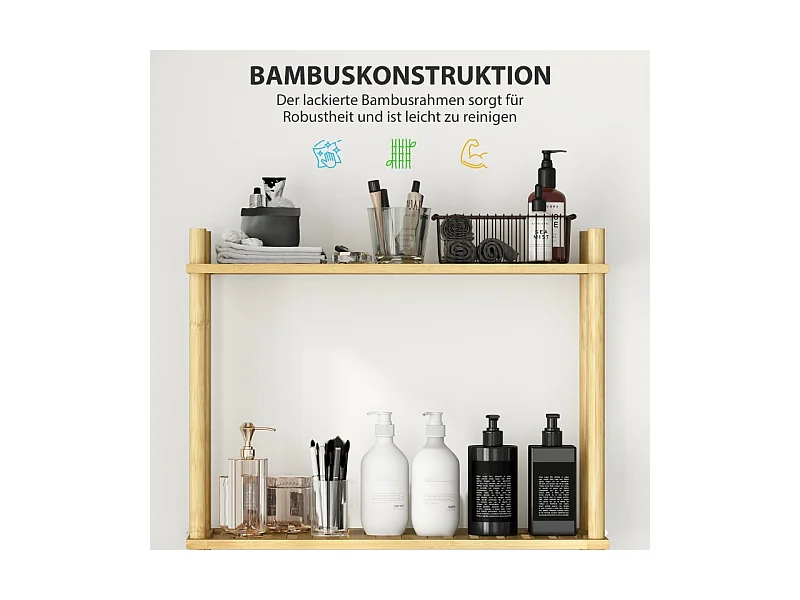 Étagère de toilette 3 niveaux avec protection anti-basculement, bambou naturel, noir (69x25.5x181 cm)