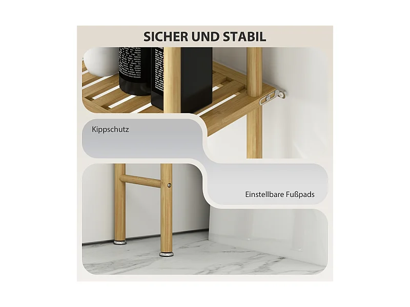 Étagère de toilette 3 niveaux avec protection anti-basculement, bambou naturel, noir (69x25.5x181 cm)