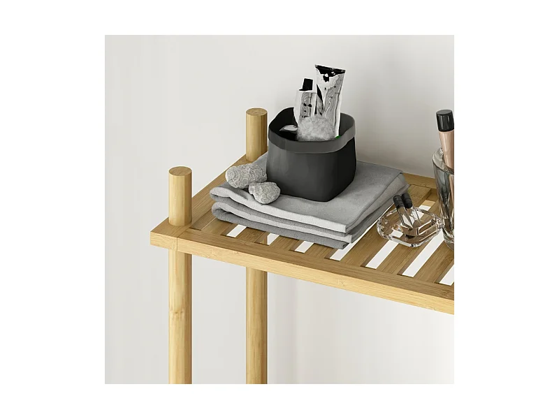 Étagère de toilette 3 niveaux avec protection anti-basculement, bambou naturel, noir (69x25.5x181 cm)