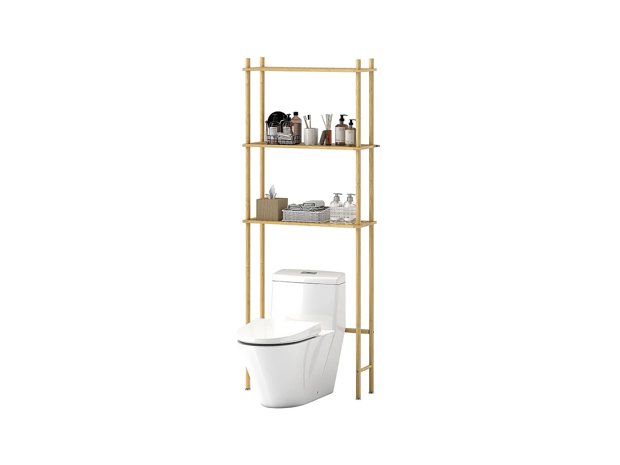 Étagère de toilette 3 niveaux avec protection anti-basculement, bambou naturel, noir (69x25.5x181 cm)