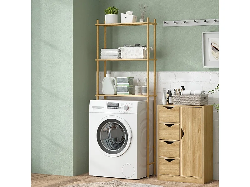 Étagère de toilette 3 niveaux avec protection anti-basculement, bambou naturel, noir (69x25.5x181 cm)