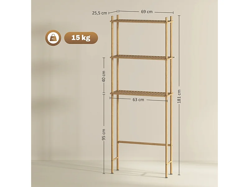 Étagère de toilette 3 niveaux avec protection anti-basculement, bambou naturel, noir (69x25.5x181 cm)