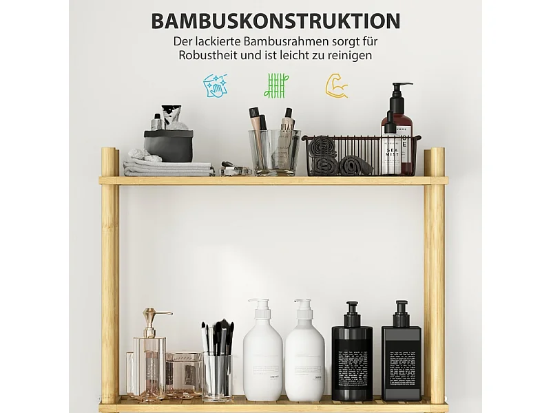 Étagère de toilette 3 niveaux avec protection anti-basculement, bambou naturel, noir (69x25.5x181 cm)