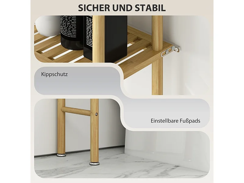 Étagère de toilette 3 niveaux avec protection anti-basculement, bambou naturel, noir (69x25.5x181 cm)