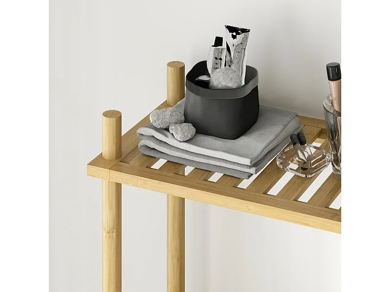 Étagère de toilette 3 niveaux avec protection anti-basculement, bambou naturel, noir (69x25.5x181 cm)