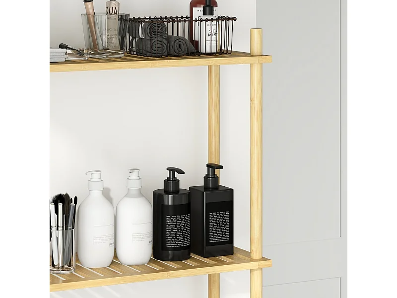 Étagère de toilette 3 niveaux avec protection anti-basculement, bambou naturel, noir (69x25.5x181 cm)