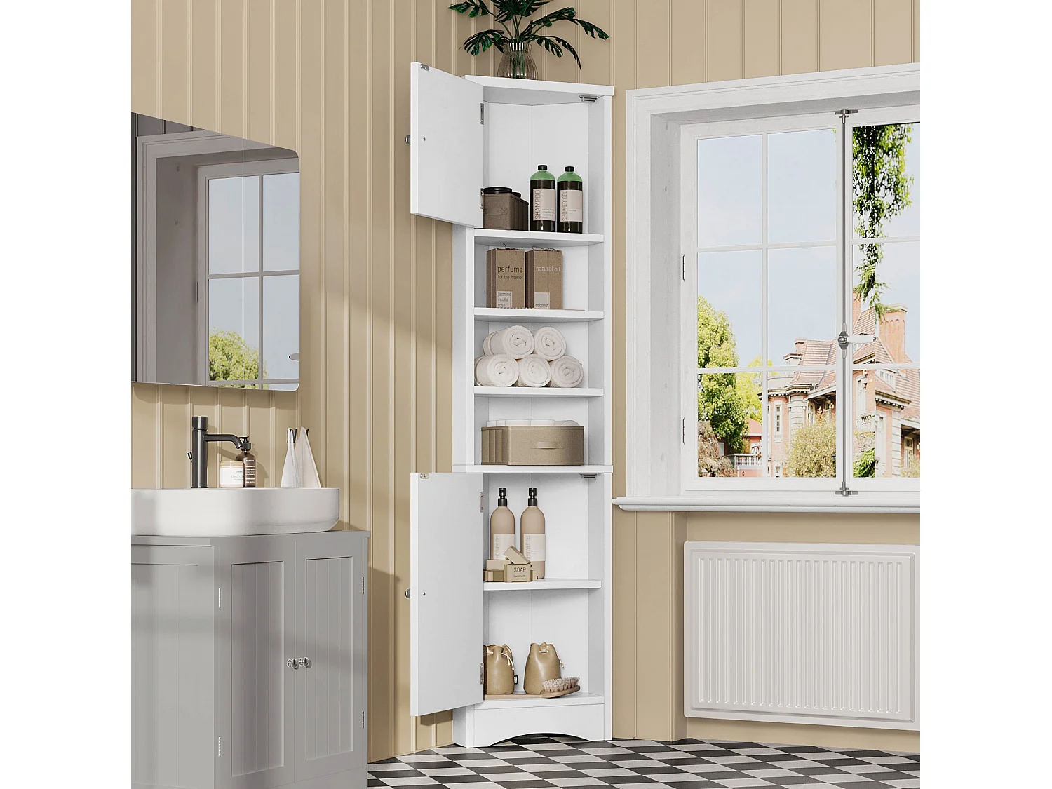 Driehoekige badkamerkast, vochtwerende verf, 3 open planken, dubbele deuren (36,5x24,5x170 cm)