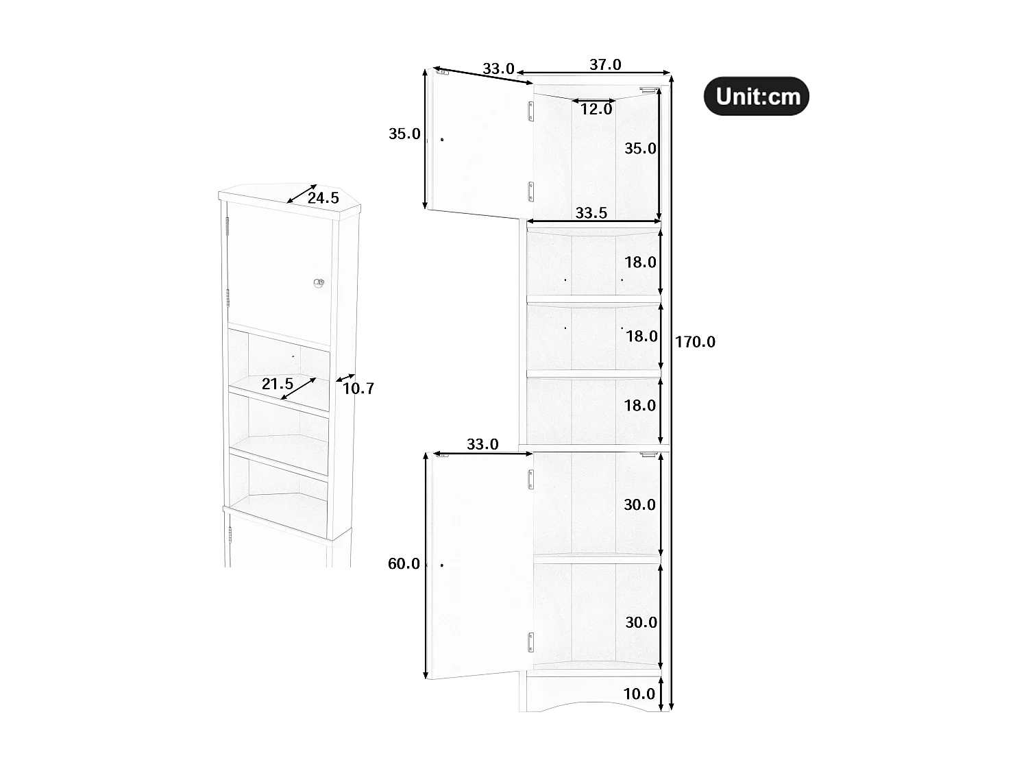 Driehoekige badkamerkast, vochtwerende verf, 3 open planken, dubbele deuren (36,5x24,5x170 cm)