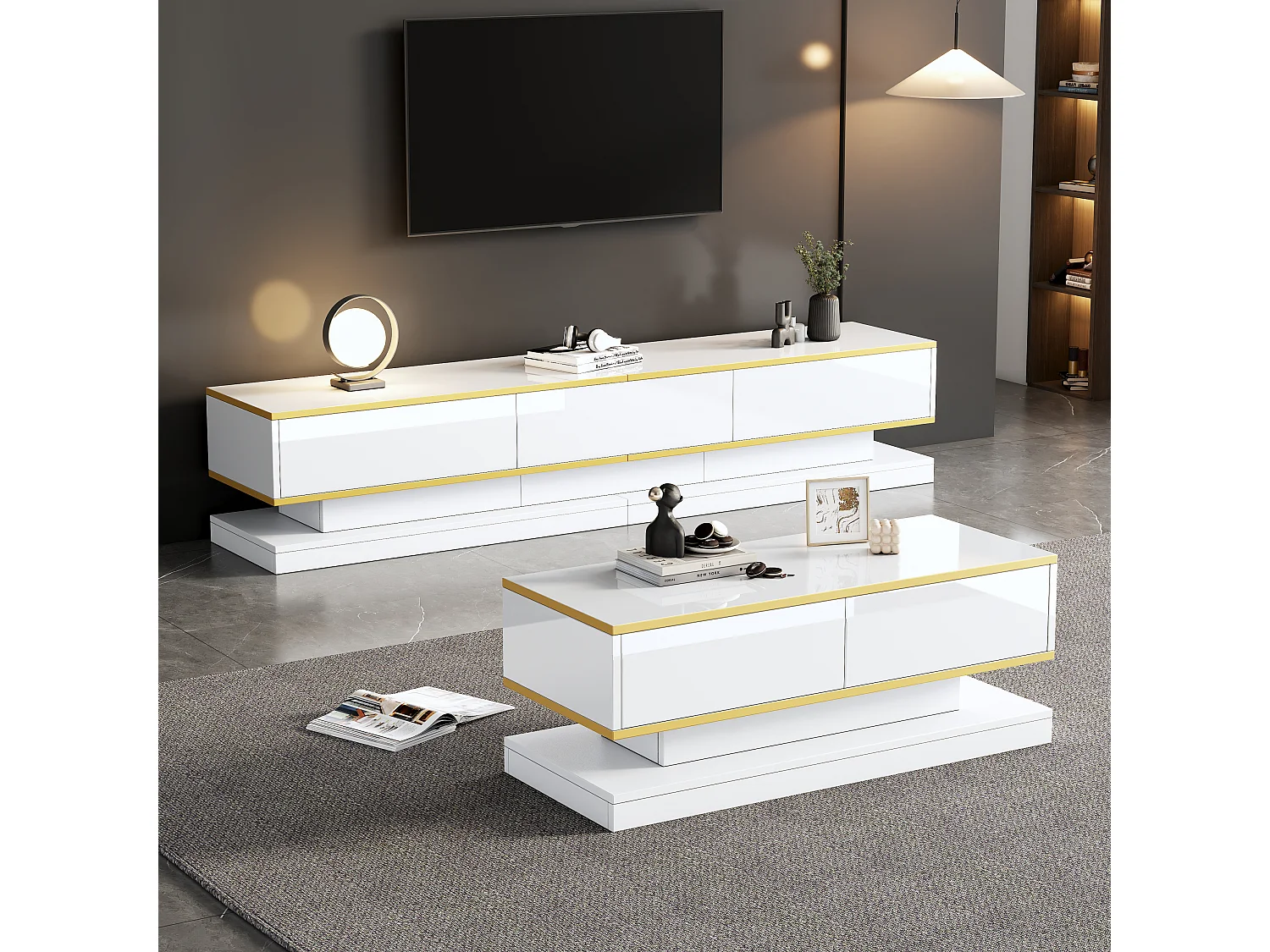 Ensemble TV et table basse, design moderne, MDF + ornement doré, blanc (200x40x40 cm + 100x50x38 cm)