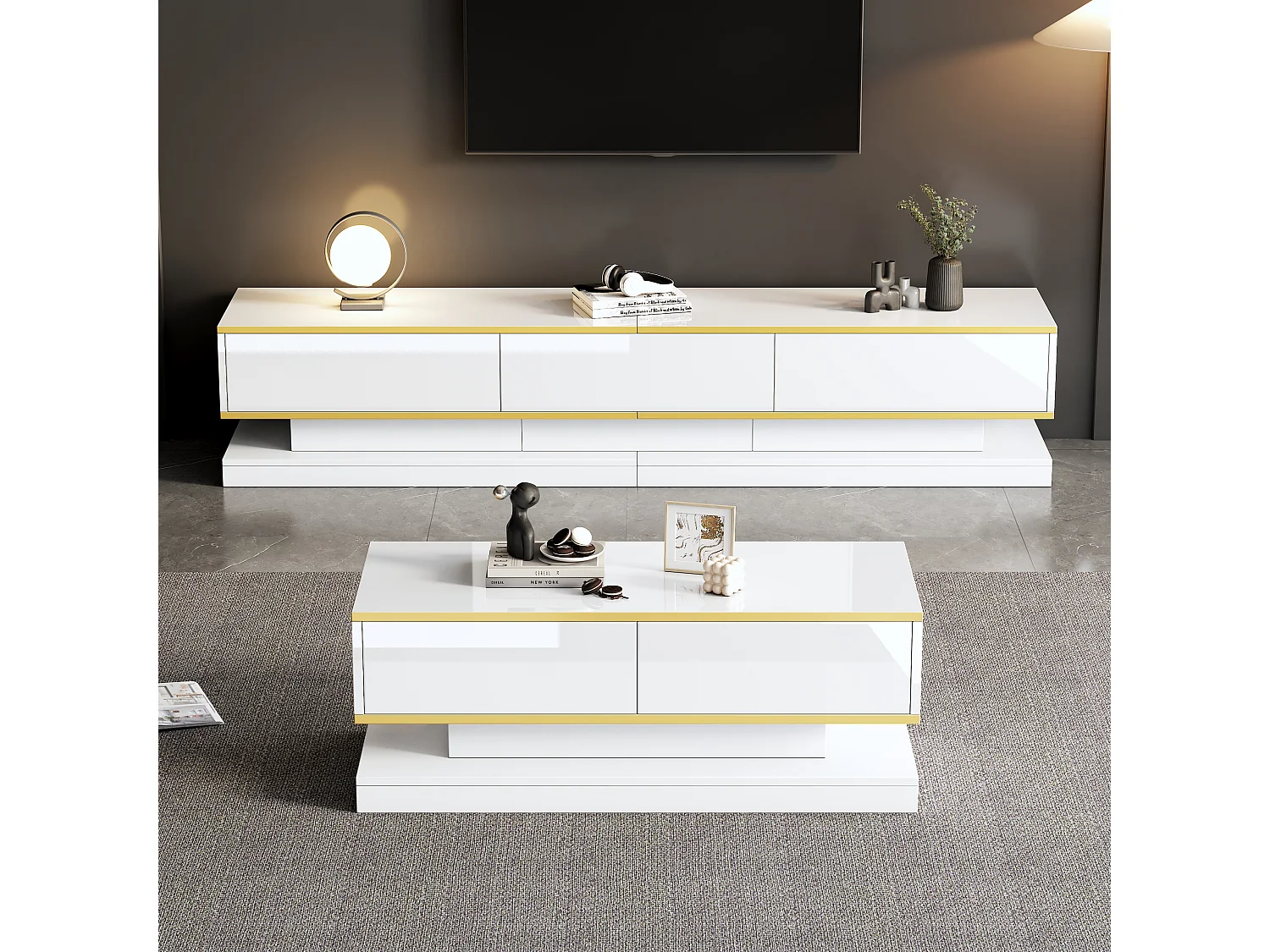 Ensemble TV et table basse, design moderne, MDF + ornement doré, blanc (200x40x40 cm + 100x50x38 cm)